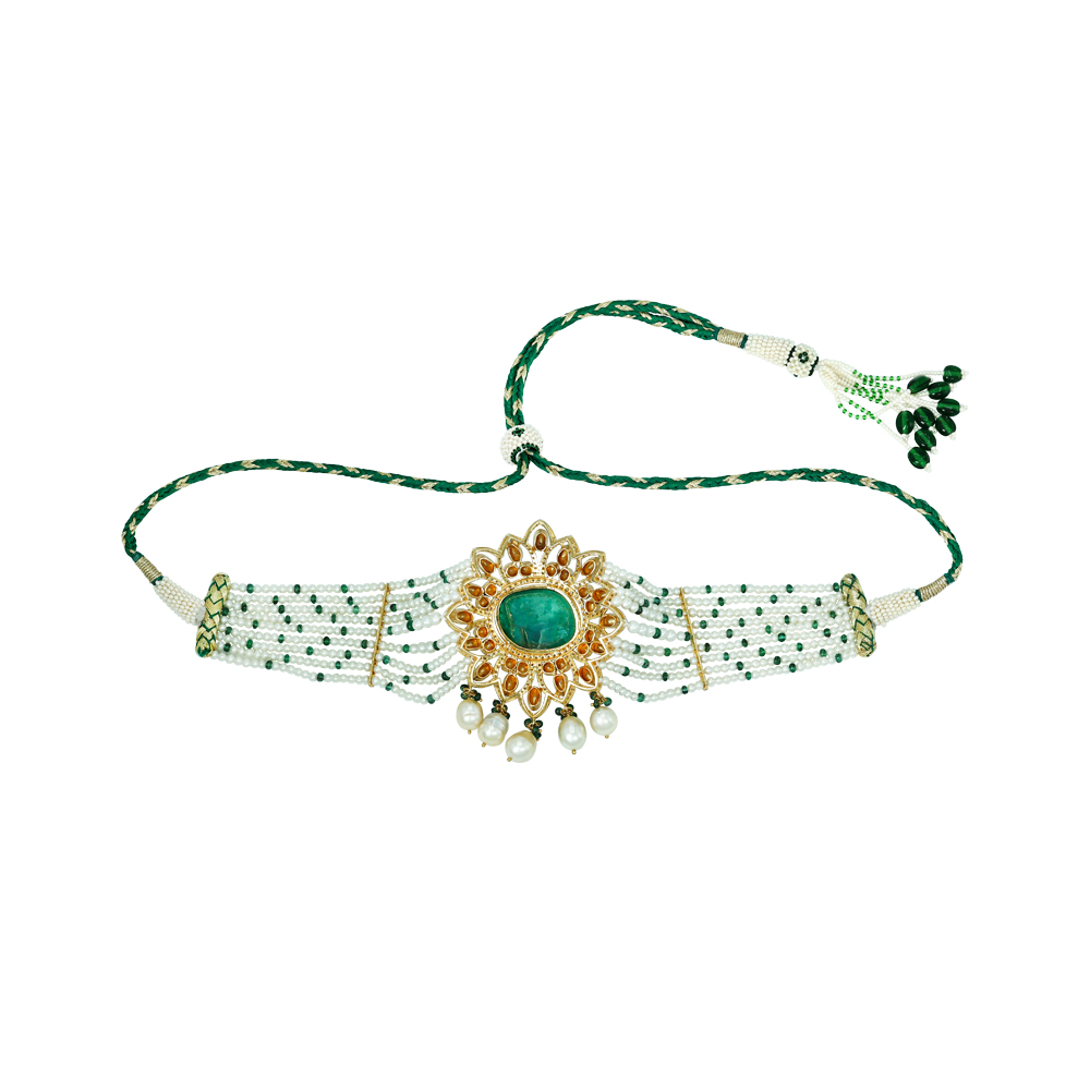 Emerald and Polki Choker with Pearl strings and Drops